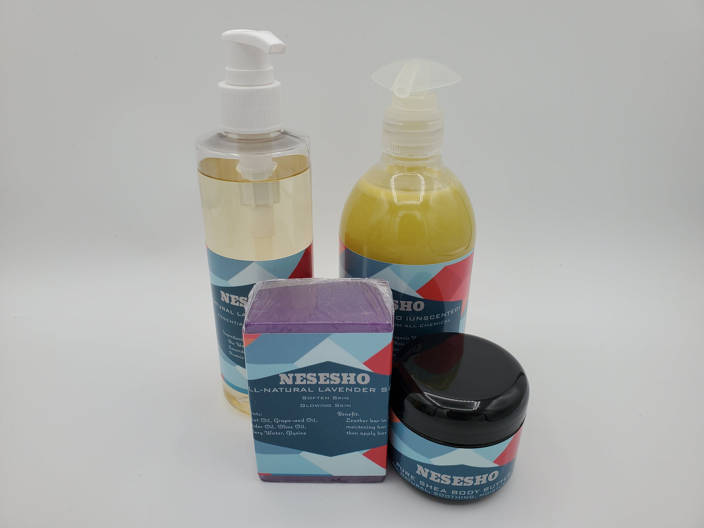 4-in-1 All Natural Lavender Oils & Blends, Soap, Unscented Shampoo and Pure Shea Body Butter Set